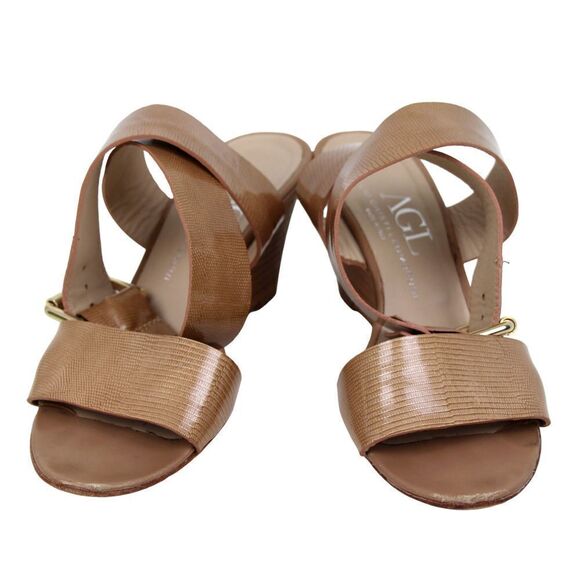 AGL BEIGE GENUINE PATENT LEATHER OPEN TOE MIDDLE HEEL WEDGE SHOES SIZE 36 1/2 - Picture 6 of 10